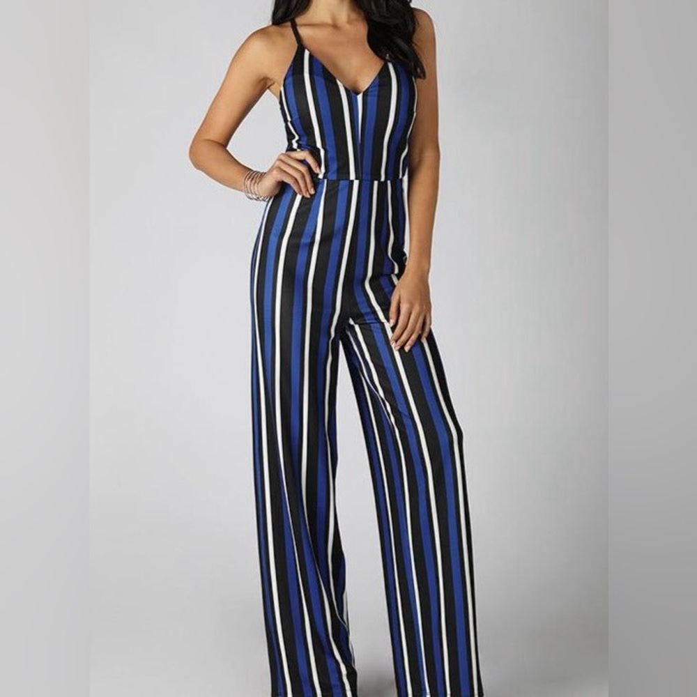 Blue and white Stripe women Dressy Jumpsuit